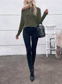 SHEIN LUNE Women Asymmetric Neckline Batwing Sleeve Casual T-Shirt, Solid Color, Autumn Fall Cloth For Women - Dark Green - View 5
