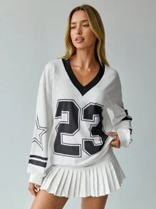 Hanevo 秋季新款休闲落肩 V 领足球字母印花针织女式连帽衫 - 黑與白 - 查看 1
