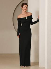 GENKIRA Off Shoulder Ribbed Fitted Maxi Knit Dress, Long Sleeve Bodycon Long Dress For Women - Black - View 1