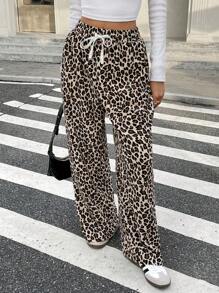 SHEIN Frenchy Pantalon casual à cordon de serrage imprimé léopard pour femmes en grandes tailles, simple et pour un port casual quotidien