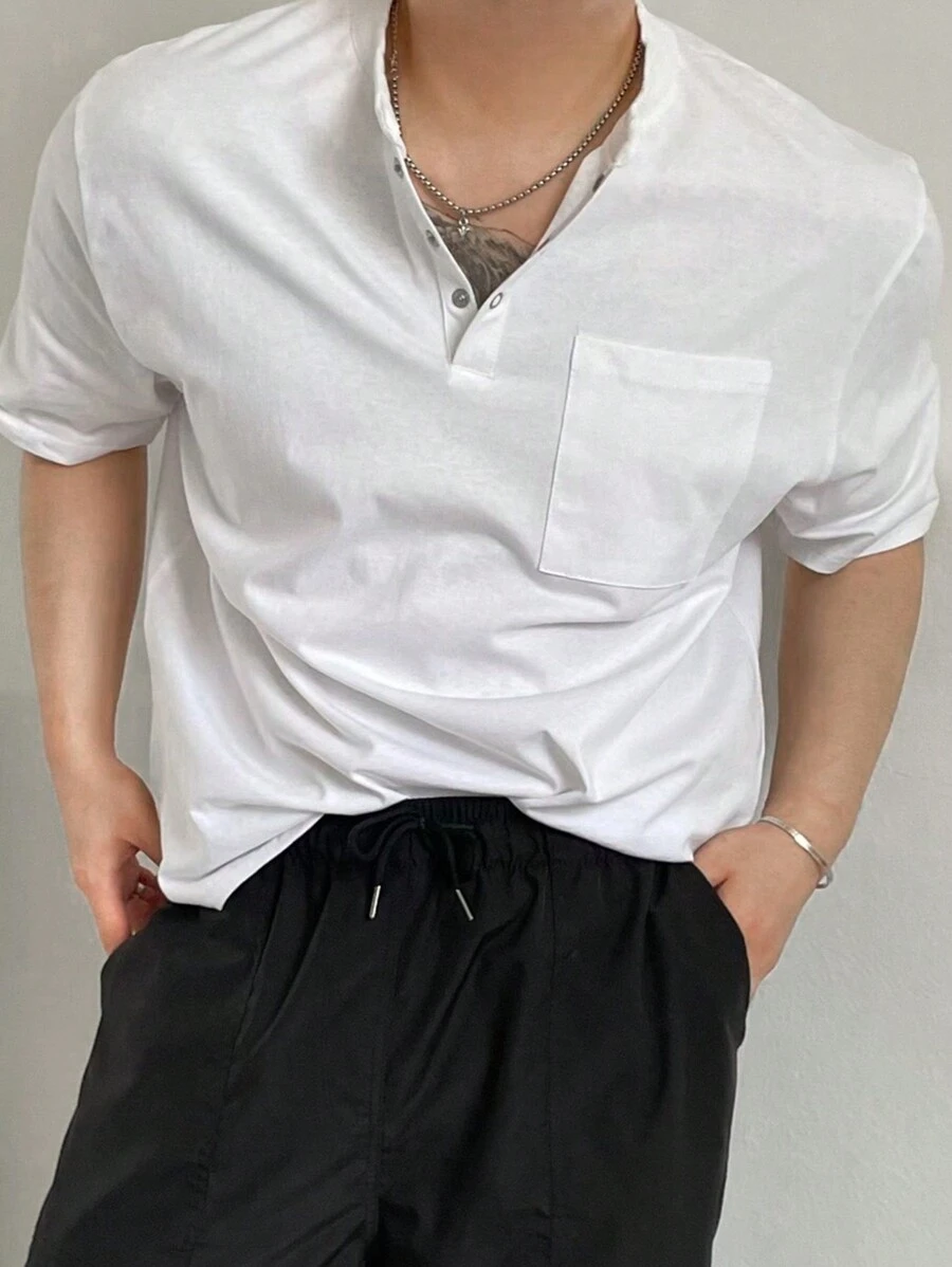 DAZY Men's All-Match Half-Button Placket Versatile T-Shirt,Fall Clothes - White - View 1