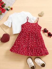 SHEIN Babygirl 可爱波尔卡圆点红色细肩带连衣裙和短袖 T 恤套装，夏季 - 紅白色 - 查看 2
