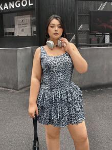 SHEIN EZwear Plus Size Casual Leopard Print Ruffle Hem Sleeveless Dress - Grey - View 4