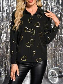 SHEIN Clasi Women's Fashion Party New Year Heart Gold Foil Print Blouse Valentine's Day