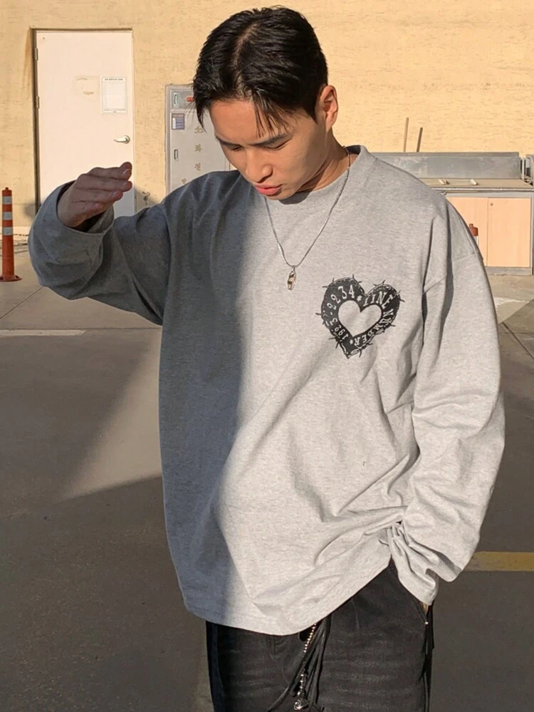 Men's Casual Heart Print T-Shirt, Streetwear Style,Fall Clothes