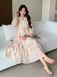 DAZY Lace Patchwork Floral Mid-Length Dress For Women,Fall Clothes Long Sleeve Dress - Apricot - View 7