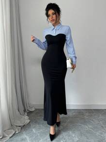 Rafferiza Elegant Bodycon AB Paneled High Slit Long Sleeve Open Cuff Fish Hem Stripe Mixed Knit Dress For Women, Autumn/Winter Maxi Women Outfit Fall Cloth For Women - Multicolor - View 6