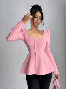 SHEIN Unity 2024 新款方领优雅时尚收腰 A 字粉色衬衫 - 粉色 - 查看 1