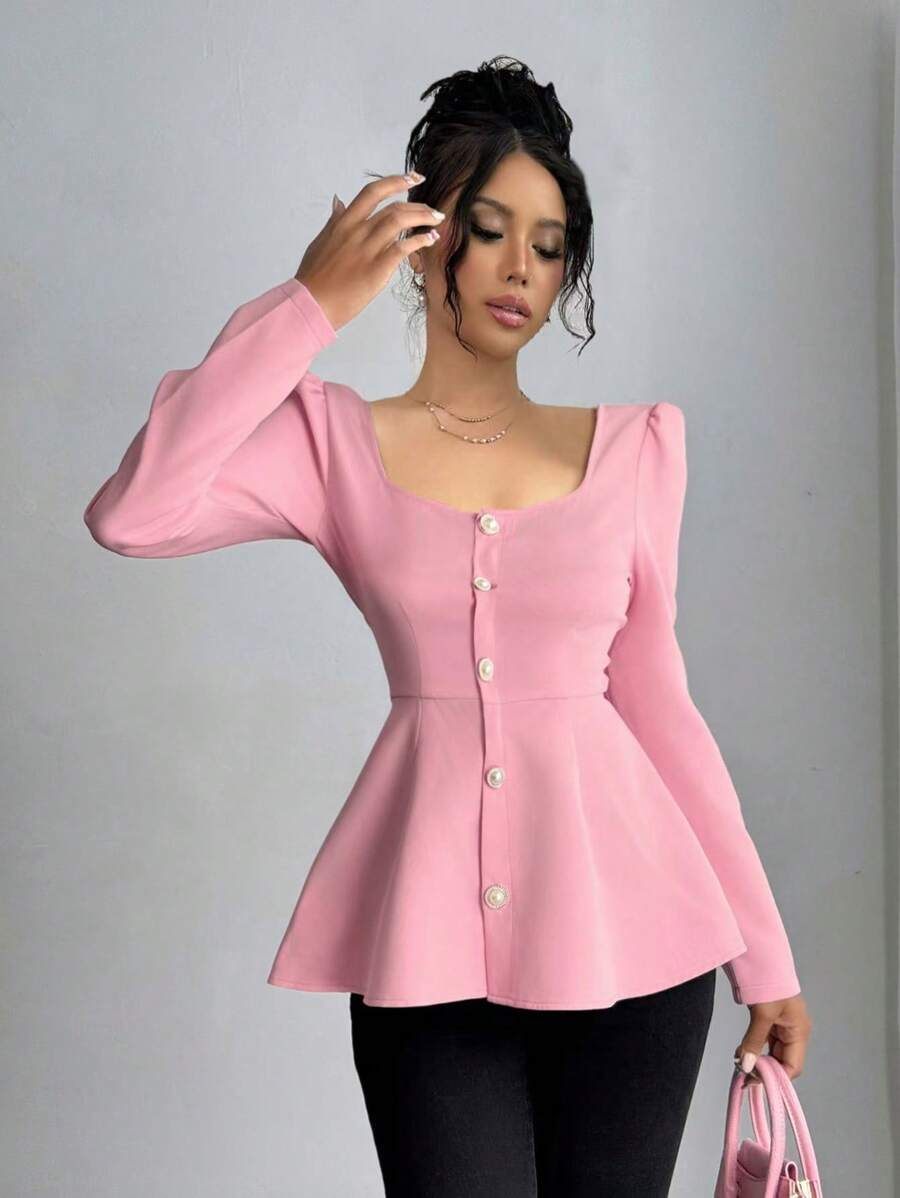 SHEIN Unity 2024 新款方领优雅时尚收腰 A 字粉色衬衫 - 粉色 - 查看 1