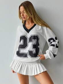 Hanevo 秋季新款休闲落肩 V 领足球字母印花针织女式连帽衫 - 黑與白 - 查看 6