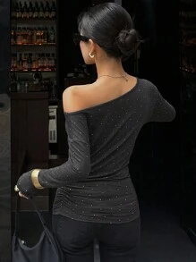 DAZY 女士优雅肩部缀饰亮片长袖T恤，秋季女装 - 灰色 - 查看 8