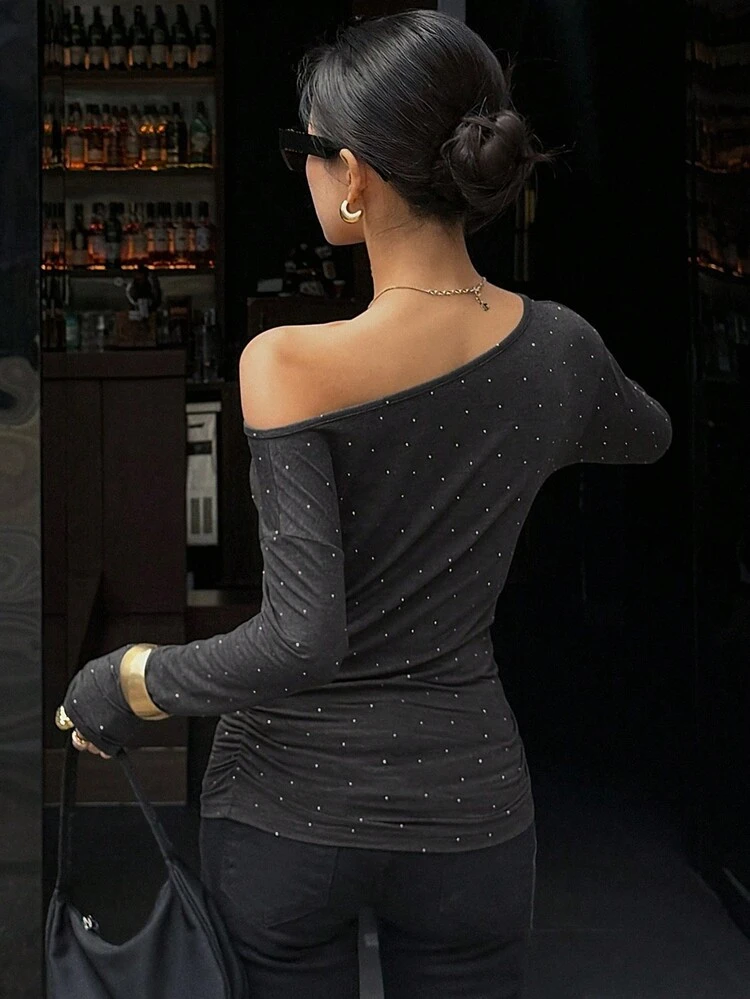 Women's Elegant Shoulder Embellished Sequins Long Sleeve T-Shirt,Fall Women Clothes