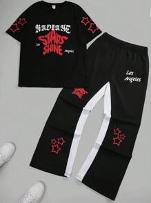 SHEIN 青少年男孩街头休闲简约星星哥特字母印花圆领短袖T恤拼色裤子套装适合旅行适合春夏旅行装，春季 - 彩色 - 查看 2