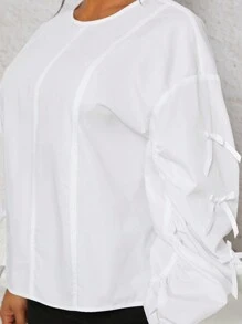 SHEIN SXY Women's Casual Solid Color Ruched Bow Decor Lantern Sleeve T-Shirt, Autumn - White - View 6
