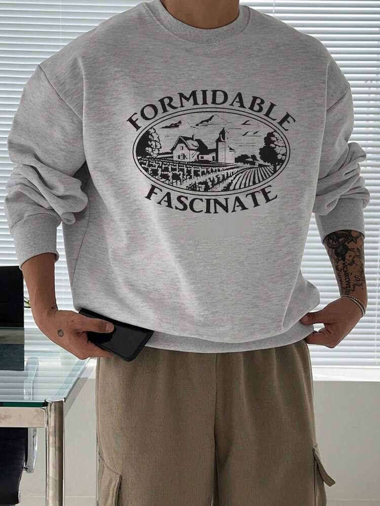 Men's Letter Print Sweatshirt, Heather Gray