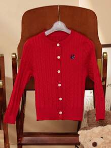 PrepCrw 年轻女孩松鼠刺绣长袖单排扣休闲开衫，秋冬 - 紅色 - 查看 1