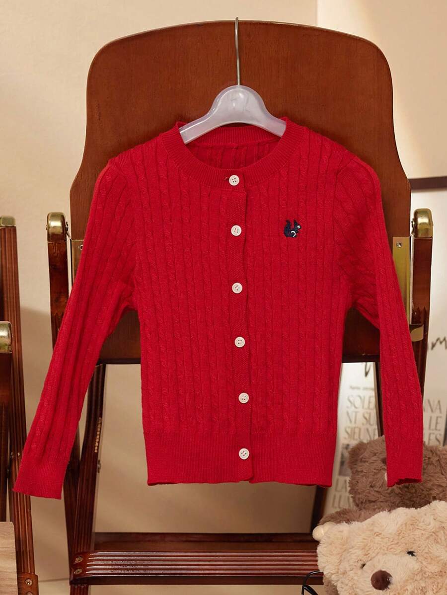 PrepCrw 年轻女孩松鼠刺绣长袖单排扣休闲开衫，秋冬 - 紅色 - 查看 1