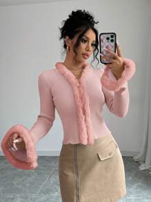 Chiquease 女士纯色毛领拼布针织开衫，秋冬