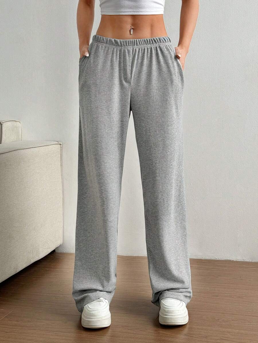 SHEIN Unity 女士休闲灰色提花罗纹宽松直筒裤，带口袋，透气舒适，适合春秋季节