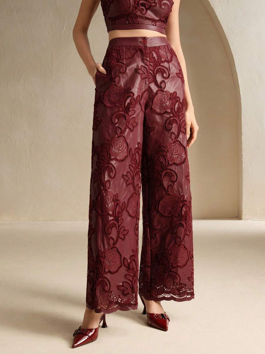 Anewsta 女款新年酒红色安哥拉红PU刺绣阔腿裤 - 酒紅色 - 查看 1