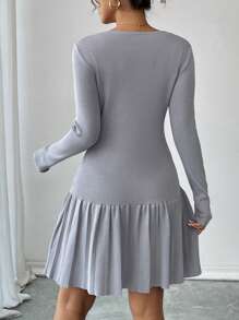 Elenzga Round Neck Knitted Sweater Dress With Waist Belt And Tuck Decor, Stylish Design For Women - Grey - View 2