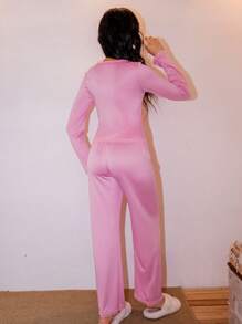 SweetSlumber Conjunto de pijama de mujer con cuello redondo y encaje con estilo "ins"