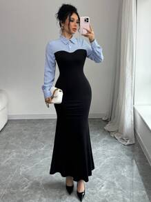 Rafferiza Elegant Bodycon AB Paneled High Slit Long Sleeve Open Cuff Fish Hem Stripe Mixed Knit Dress For Women, Autumn/Winter Maxi Women Outfit Fall Cloth For Women - Multicolor - View 1