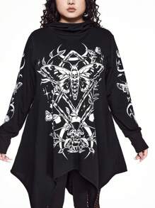 ROMWE Goth 大码女式哥特式不对称下摆棉质连帽运动衫，带口袋
