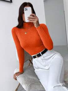 SHEIN Clasi Women's Solid Color Long Sleeve Basic Minimalist Turtleneck Sweater For Autumn/Winter - Orange - View 4