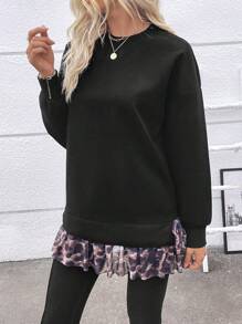 SHEIN LUNE Sudadera informal con estampado de leopardo y parches, jersey de otoño/invierno - Negro - Ver 3