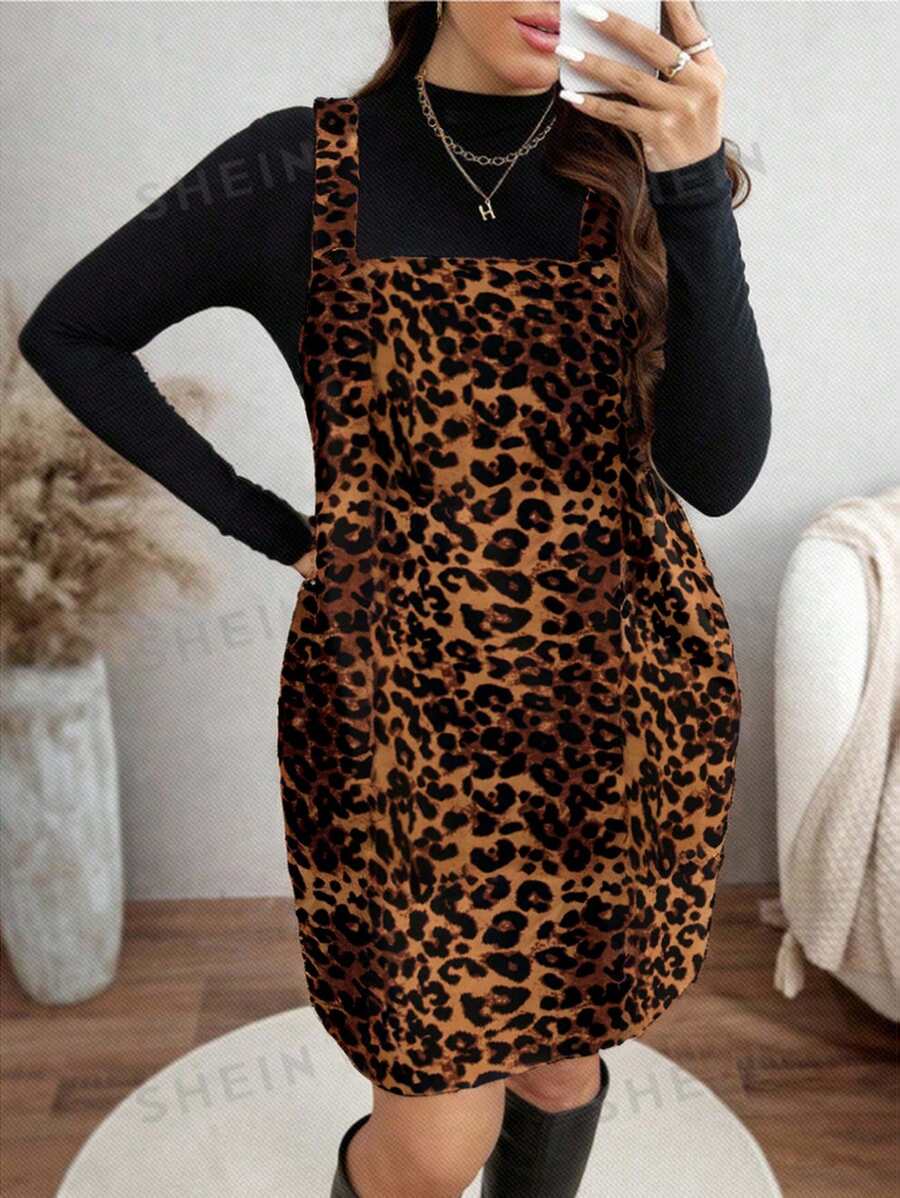 SHEIN LUNE Plus Size Women Leopard Print Overall Dress For Autumn & Winter Thanksgiving Outfit Barnfit Thanksgiving Outfit Women New Years Women Outfit - Multicolor - View 1