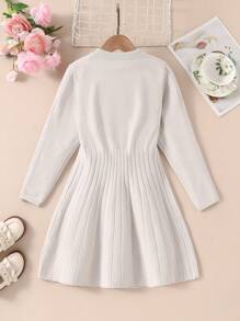 女孩年轻女孩冬季闪光蝴蝶结针织溜冰裙，圆领长袖高腰百褶裙 - 淺灰色 - 查看 2