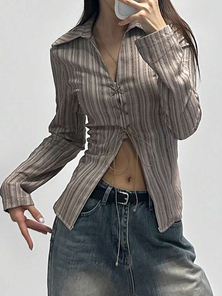 Women's Collared Tie Cuff Regular Texture Striped Long Sleeve Fitted Shirt, Khaki Color, Spring/Autumn,Fall Women Clothes