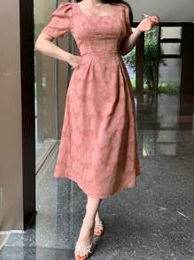 DAZY Lace Allover Floral Pattern Square Neck Mid-Long Dress For Women,Milkmaid Dress