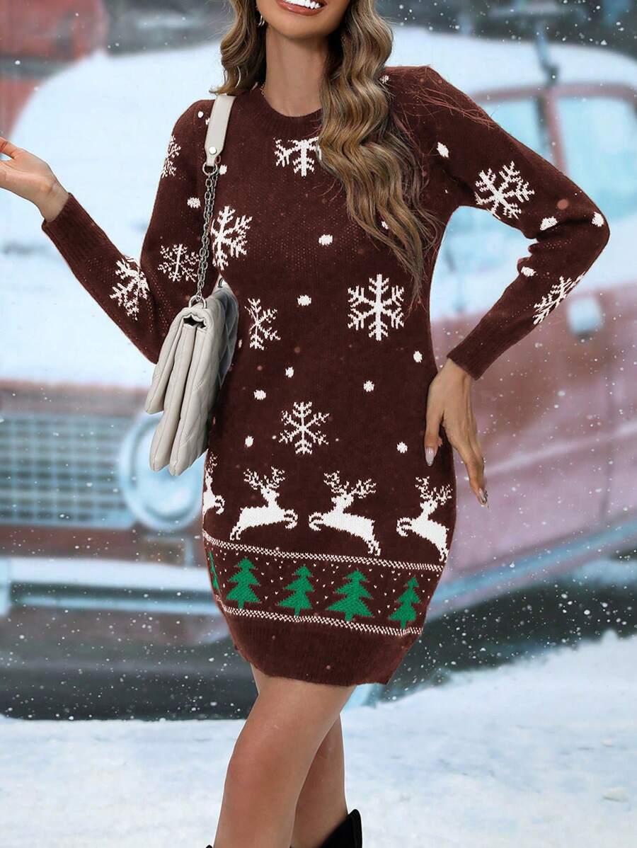 SHEIN Clasi 圣诞休闲驯鹿与雪花图案针织毛衣连衣裙，秋冬 - 鏽棕色 - 查看 1