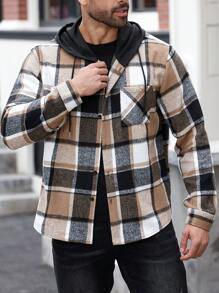 Manfinity CasualMax Plus Size Men's Casual Plaid Drawstring Hooded Shacket, Autumn/Winter