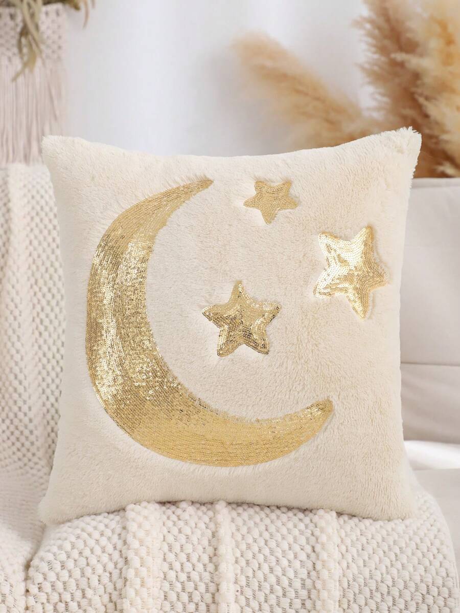 1pc Gold Sequin Cushion Cover, Plush Embroidered Crescent Moon & Star Decor For Eid - Beige - View 1