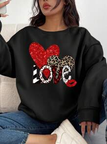 Flirla Sudadera con capucha de felpa con estampado de corazón de leopardo para el Día de San Valentín, talla grande