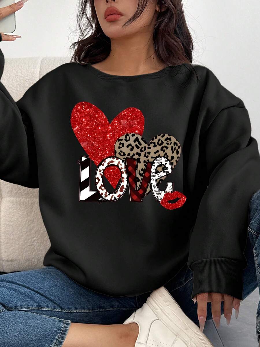 Flirla Sudadera con capucha de felpa con estampado de corazón de leopardo para el Día de San Valentín, talla grande
