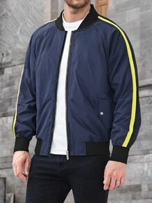 Manfinity Homme Giacca da baseball casual con colletto con zip e maniche raglan a contrasto, giacca leggera da uscita autunnale, giacca casual color block con maniche lunghe, blu royal, regalo per amici, marito, fidanzato - Blu Navy - Visualizzare 1