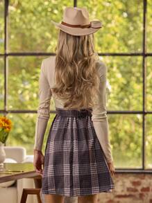 SHEIN LUNE Women's Stand Collar Long Sleeve Casual Plaid Patchwork Knit Dress Fall Cloth For Women - Apricot - View 2