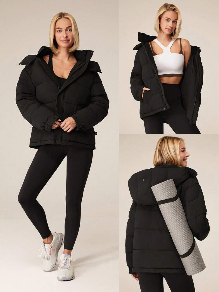 Lightweight Warm Relax Fit Hip Length Adjustable Hooded Puffer Jacket Daily Casual Winter