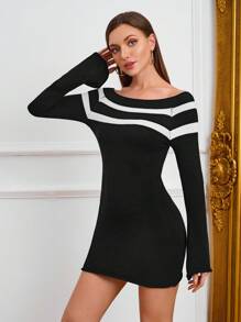 Zolique Striped Off-Shoulder Bodycon Knit Dress For Women, Sweater Dress, Off Shoulder Dress - Black - View 1