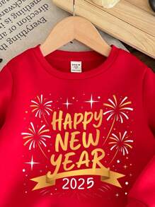 SHEIN 年轻男孩休闲日常舒适“2025 年新年快乐”烟花风景印花厚针织长袖运动衫，适合秋冬季 - 紅色 - 查看 4