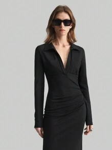 Ontre 2025 Spring Women's Apparel Valentine's Day Knit Dress, Collar Neckline Long Sleeve, Thick Knit Material, Simple And Elegant For Formal Event, Party Dress