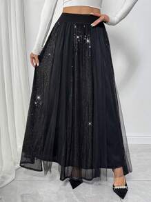 Zolique Falda larga elegante de mujer con lentejuelas y tul negro, para noche de citas, fiesta, con brillo