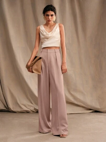 Anewsta Pantalon droit décontracté à taille haute avec plis, pour le bureau