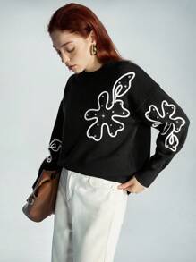 Aveloria Modichic Floral Embroidered Loose Fit Crew-Neck Sweater, Versatile Casual Plant Style Women's Warm Pullover Knit Pullover Fall Winter - Black - View 5