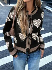 Chiquease Cárdigan negro de mujer con cuello redondo, diseño de corazón y leopardo, y decoración de lazo - Multicolor - Ver 5