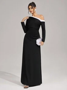 SHEIN Belle Formal Evening Gown Dress, Women's Fashion Autumn And Winter Banquet Party Socialite Elegant Daily Wear Super High Elastic Knitted Fabric Tight Waist And Hip Slimming Super Large Dress, Neckline Contrast Stitching Design Fashionable Slimming, Black Dress Formal Dinner Dress, New Year Women's Dress, Wedding Guest Dress - Black - View 4